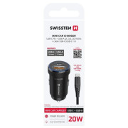 Adattatore Swissten Mini Car Charger USB-C PD + USB-A, 20W + cabel USB-C / USB-C, 1 m