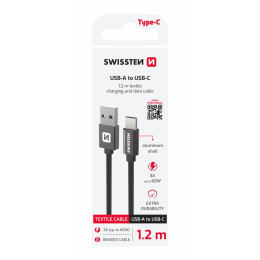 Cavo di ricarica e trasmissione Swissten Textile USB / USB-C 1,2 m nero černá