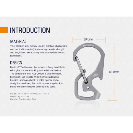 Moschettone Fenix Moschettone multifunzionale in titanio Fenix ALB-20