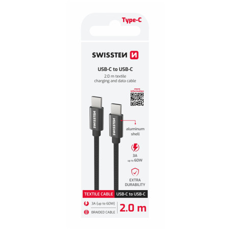 Cavo di ricarica e trasmissione Swissten Textile USB-C / USB-C 2 m nero černá