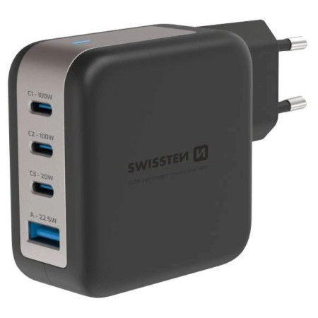 Adattatore Swissten GaN Travel Charger 100W 3X USB-C PD + USB-A