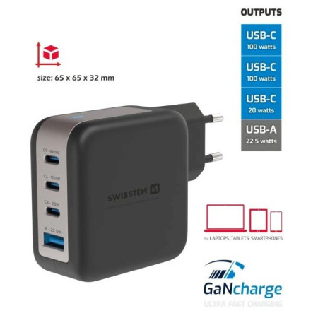 Adattatore Swissten GaN Travel Charger 100W 3X USB-C PD + USB-A
