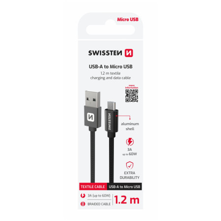 Cavo di ricarica e trasmissione Swissten Textile USB / Micro USB 1,2 m nero černá