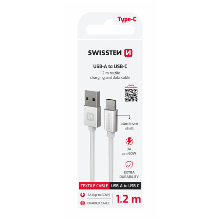 Cavo di ricarica e trasmissione Swissten Textile USB / USB-C 1,2 m argento stříbrná