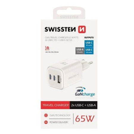 Adattatore Swissten GaN Travel Charger 2X USB -C + USB-A
