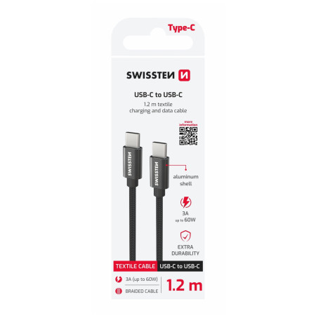 Cavo di ricarica e trasmissione Swissten Textile USB-C / USB-C 1,2 m nero černá