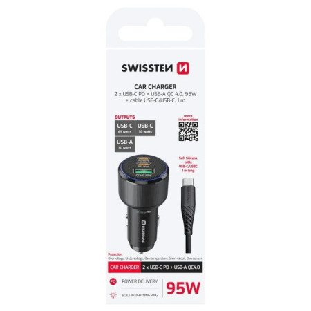 Adattatore Swissten Car Charger 2x USB-C PD + USB-A, 95 W + cabel USB-C / USB-C, 1 m