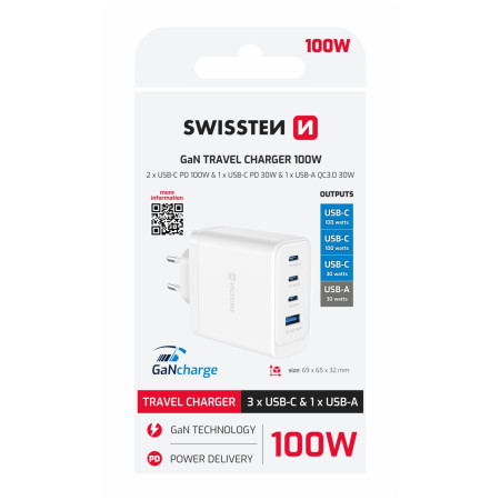 Adattatore Swissten GaN 2X USB-C 100W + 1X USB-C 20W + 1X USB-A 30W