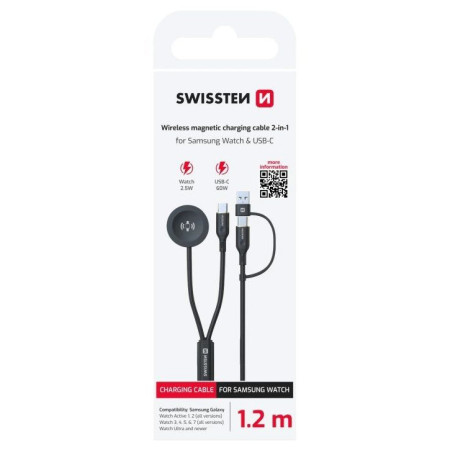 Cavo di ricarica e trasmissione Swissten Wireless magnetic charging cable 2in1 for Samsung Watch + USB-C 1,2 m