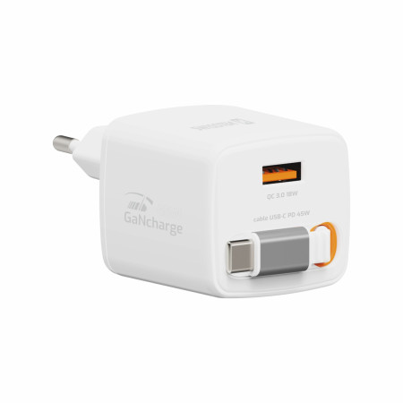 Adattatore Swissten SlideCharge Gan 45W, 1X USB-A 18W + kabel USB-C 0,75 m bianco bílá