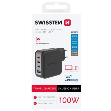 Adattatore Swissten GaN Travel Charger 100W 3X USB-C PD + USB-A