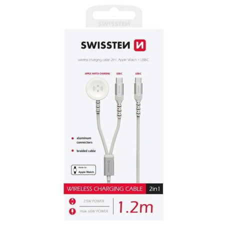 Cavo di ricarica e trasmissione Swissten Wireless charging cable 2in1 for Apple Watch + USB-C 1,2 m