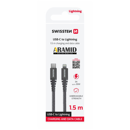 Cavo di ricarica e trasmissione Swissten Aramid Reinforced USB-C/Lightning 1,5 m