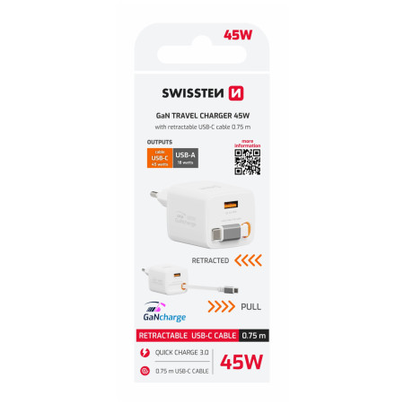 Adattatore Swissten SlideCharge Gan 45W, 1X USB-A 18W + kabel USB-C 0,75 m