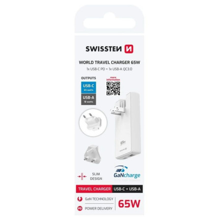 Adattatore Swissten World Travel Charger 65W GaN USB-C + USB-A