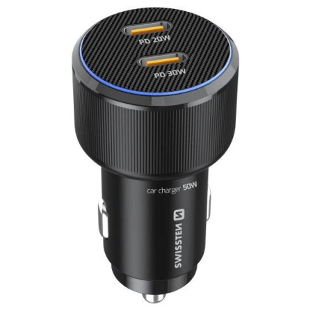 Adattatore Swissten Car Charger 2X USB-C PD, 50W + cabel USB-C / USB-C, 1 m