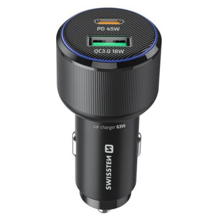 Adattatore Swissten Car Charger USB-C PD + USB-A, 63W + cabel USB-C / USB-C, 1 m