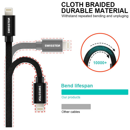 Cavo di ricarica e trasmissione Swissten Textile USB-C / Lightning 2 m