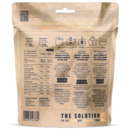 Cibo disidratato Lyo food Porridge di avena con mele, mirtilli rossi e cannella