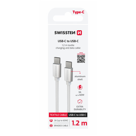 Cavo di ricarica e trasmissione Swissten Textile USB-C / USB-C 1,2 m argento stříbrná