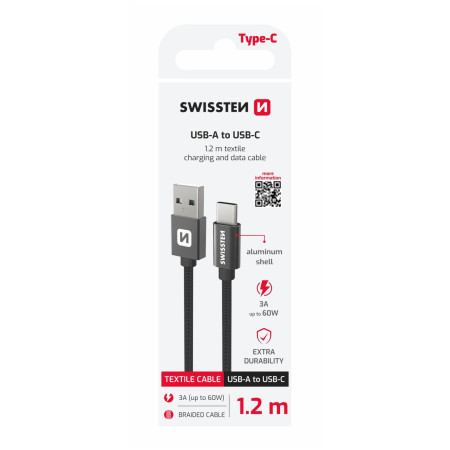 Cavo di ricarica e trasmissione Swissten Textile USB / USB-C 1,2 m nero černá