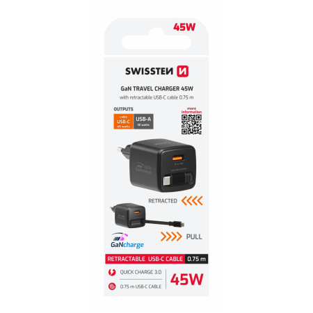 Adattatore Swissten SlideCharge Gan 45W, 1X USB-A 18W + kabel USB-C 0,75 m