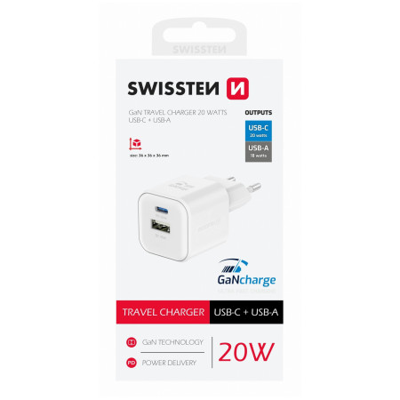 Caricatore Swissten TRAVEL CHARGER GaN 1x USB-C 20W PD AND 1x USB-A 18W QC