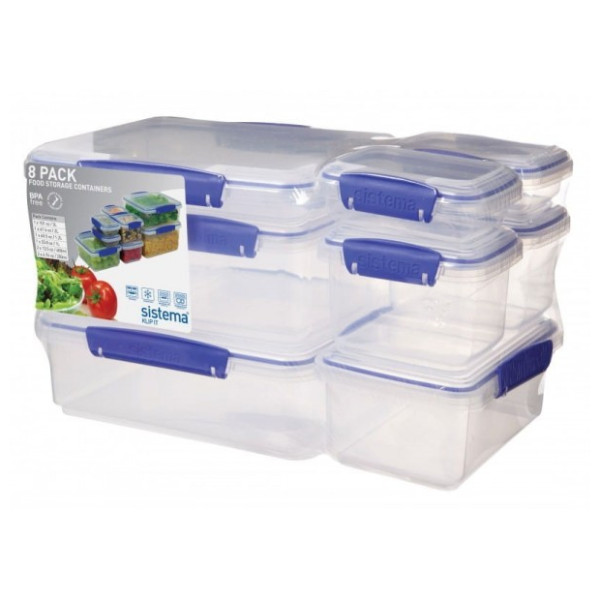 Scatola per alimenti Sistema 8 Pack Set Klip It Trasparente Transparent with blue clips